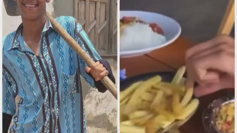 Luva de pedreiro comendo batata frita pela primeira vez