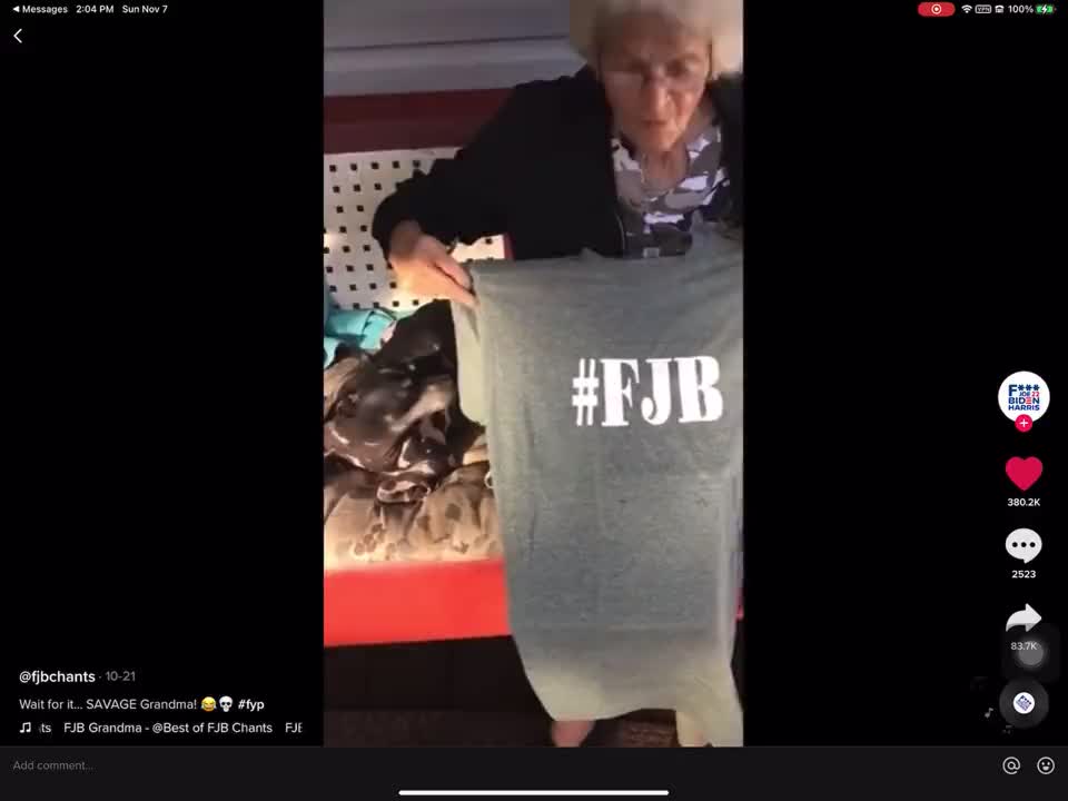 Sweet old lady gets an #FJB tshirt as a present -