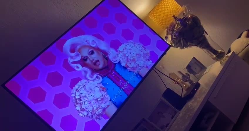 Pomerian watching rupaul drsgg race on the couch