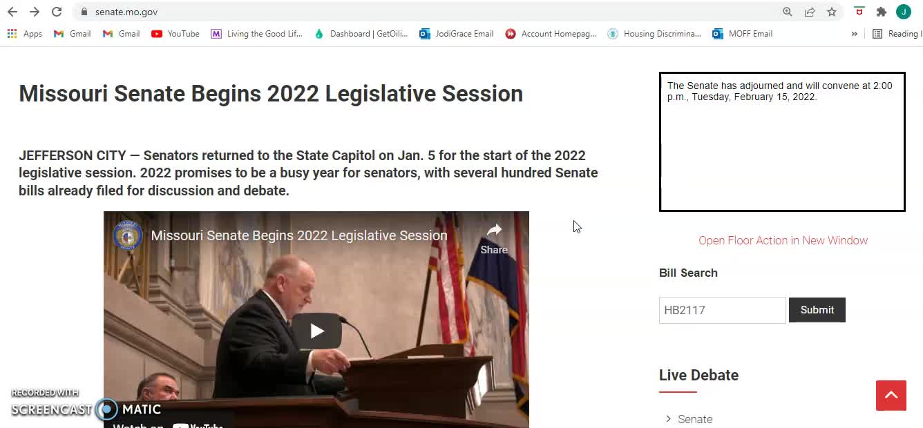 MO Senate Tutorial - Session status, live feed, MAP bill