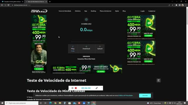 Teste de velocidade da internet connect ceu telecom. plano 20megas