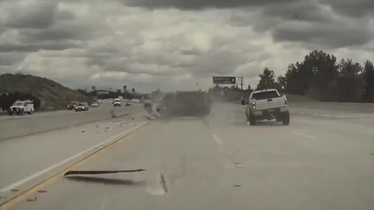 Car flying into the air on the Ronald Reagan Freeway in Chatsworth, CA