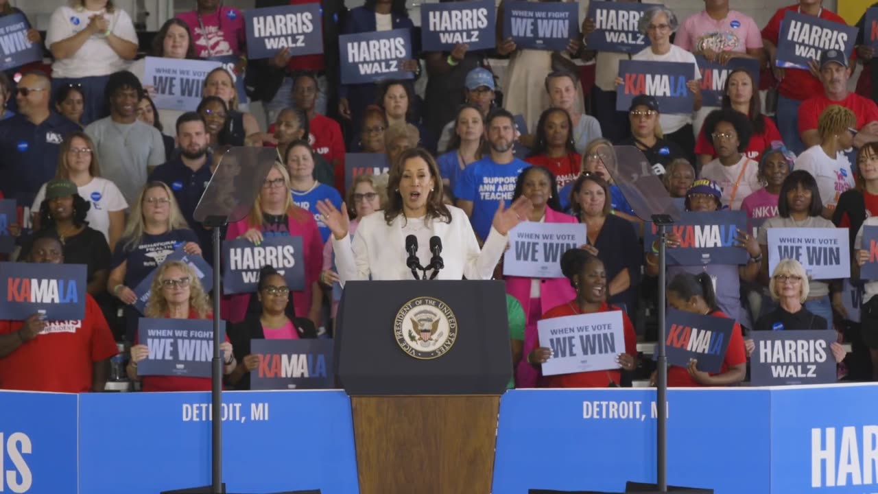 Vice President Kamala Harris rallying supporters at Detroit Metropolitan Airport