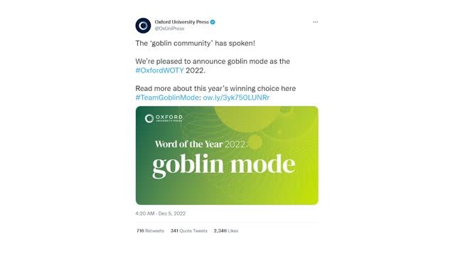 "Goblin Mode" chosen by public as 2022 Oxford word of the year