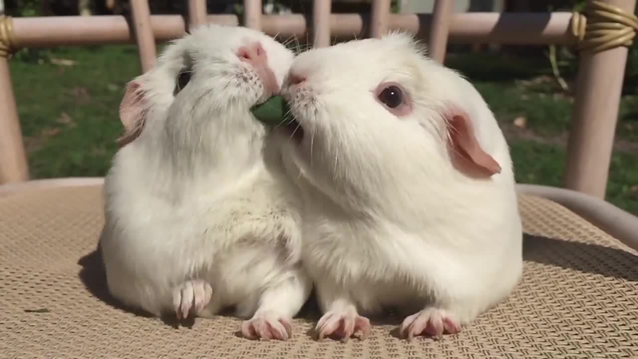 Cute baby bunny play tag of war with blade of grass