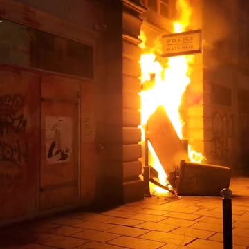 Police station in Rennes this evening as the French continue their revolt against pension reform.