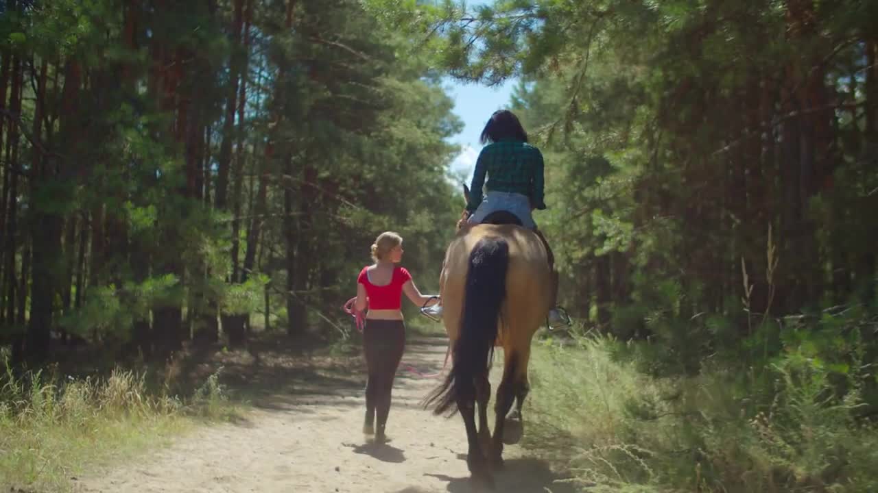 Rear view of skillful young female riding instructor holding bridle