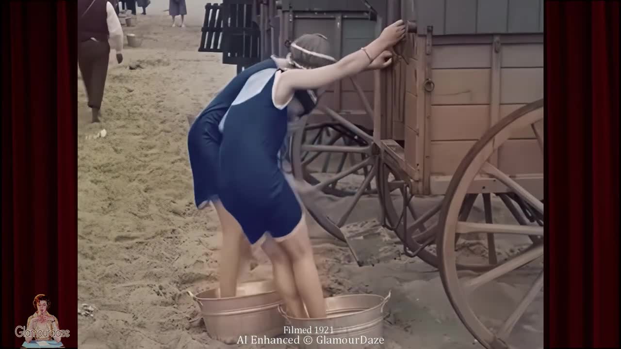 A Day at the Beach - c.1921 - AI Restored Color and Sound Film