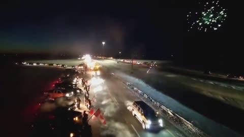 Fireworks hit the air as the Canadian convoy for freedom rolled by.