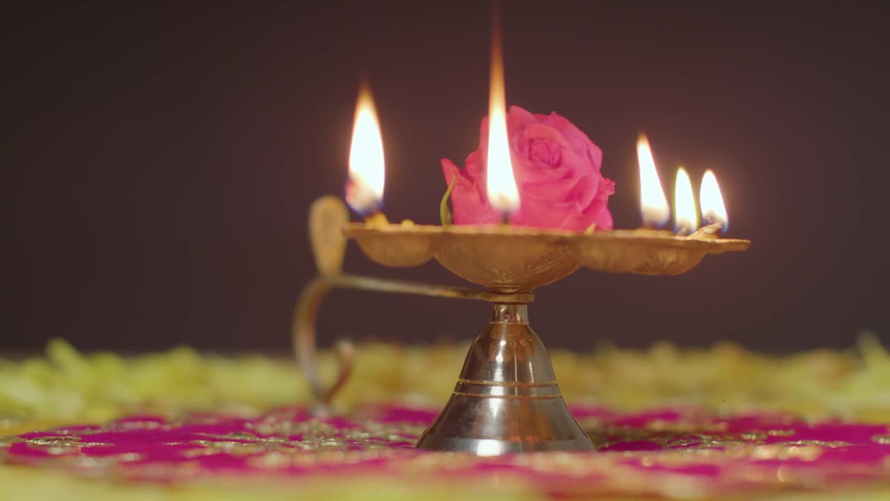 Still Life Of Five Wick Lamp With Decorations Celebrating Festival Of Diwali