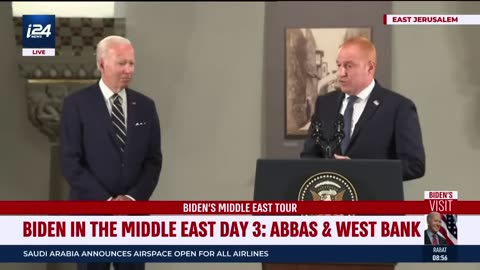 US President Joe Biden delivers a speech Augusta Victoria Hospital in east