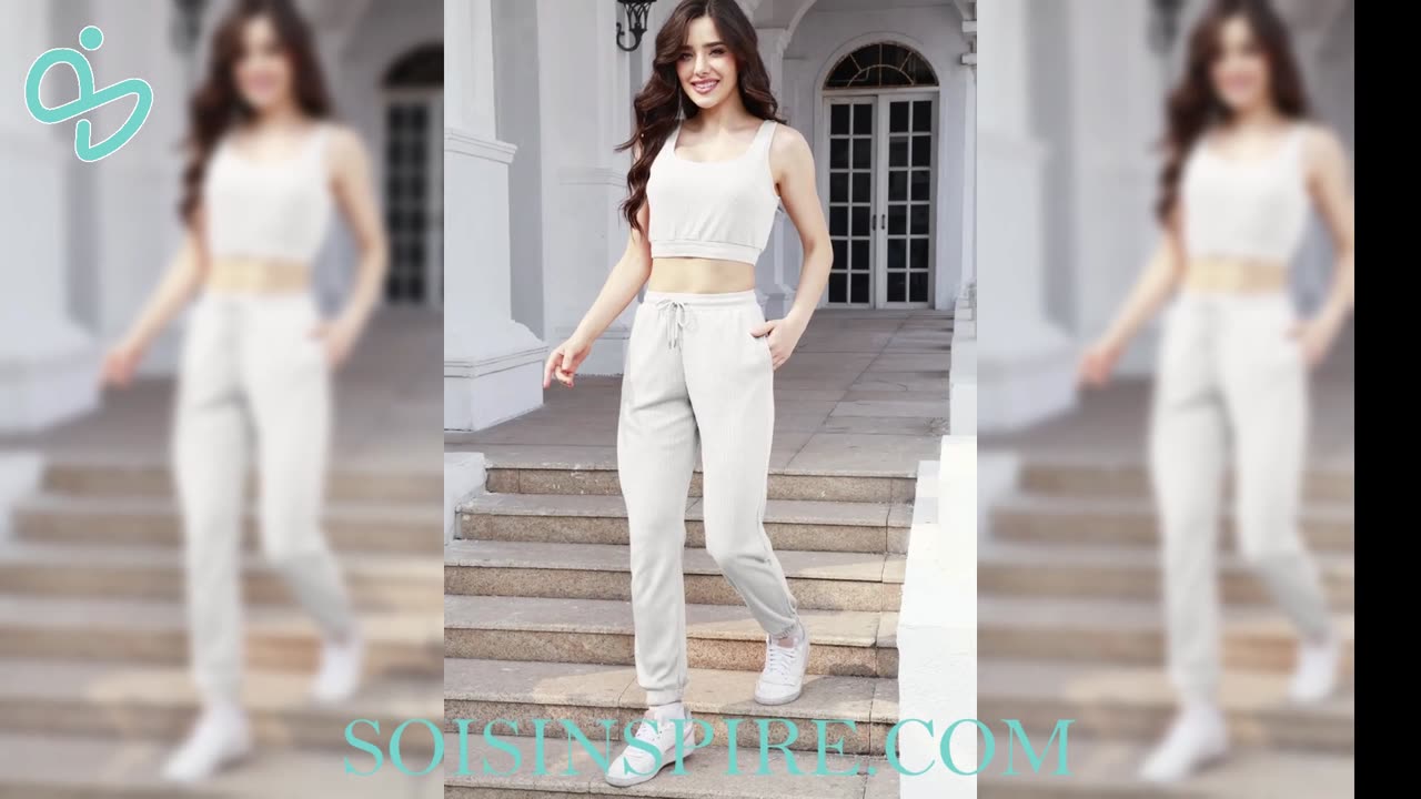 Waffle-Knit Cropped Tank and Drawstring Pants Set #waffleknit #croppedtank #drawstringpants #stylish