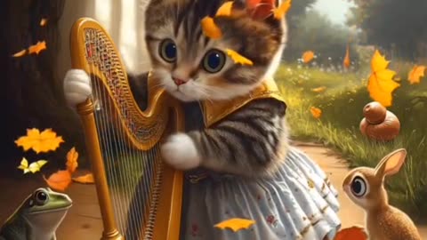 Cat Enchanted by Harp Music Amidst Nature with Animal Friends