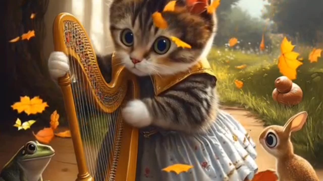 Cat Enchanted by Harp Music Amidst Nature with Animal Friends