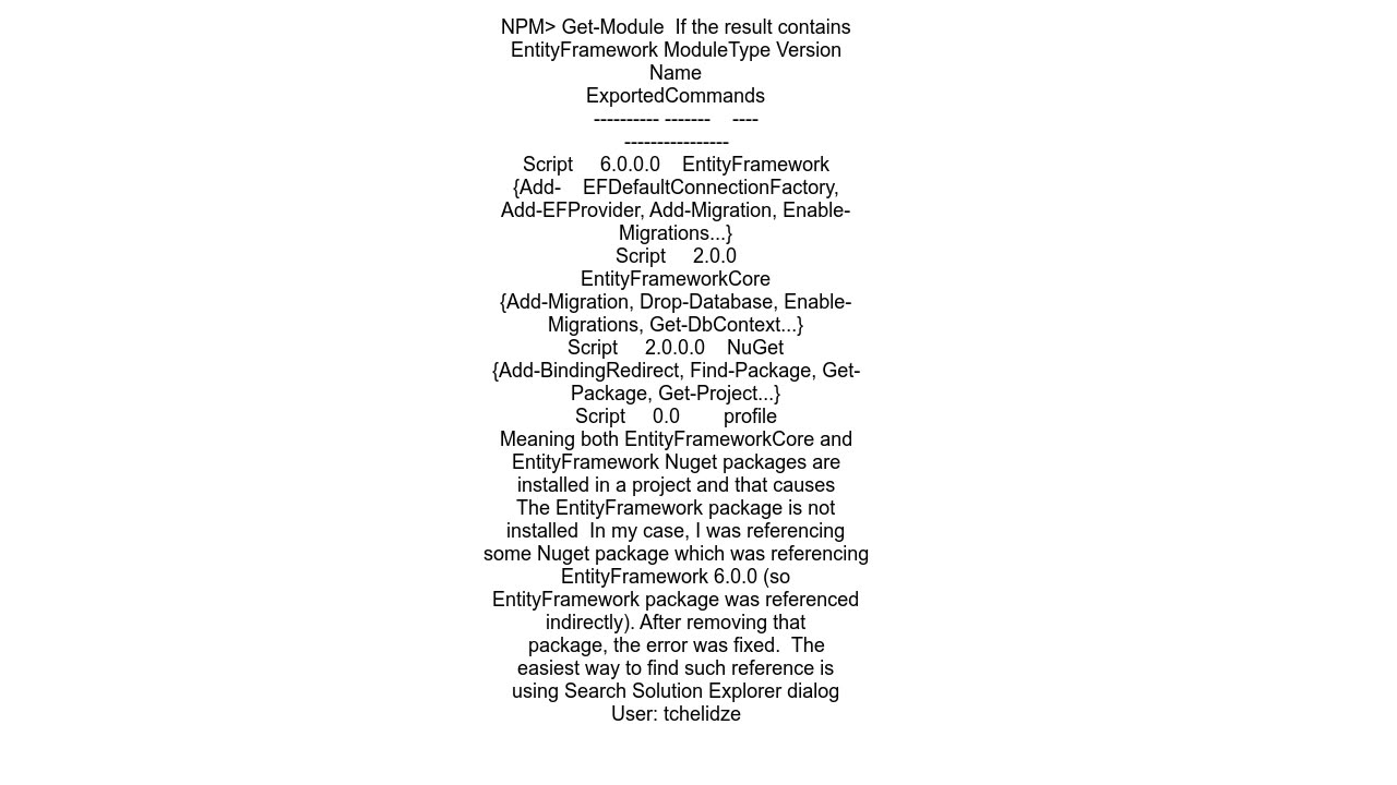 EntityFramework Core 20 Add Migration error quotThe EntityFramework package is not installedquot