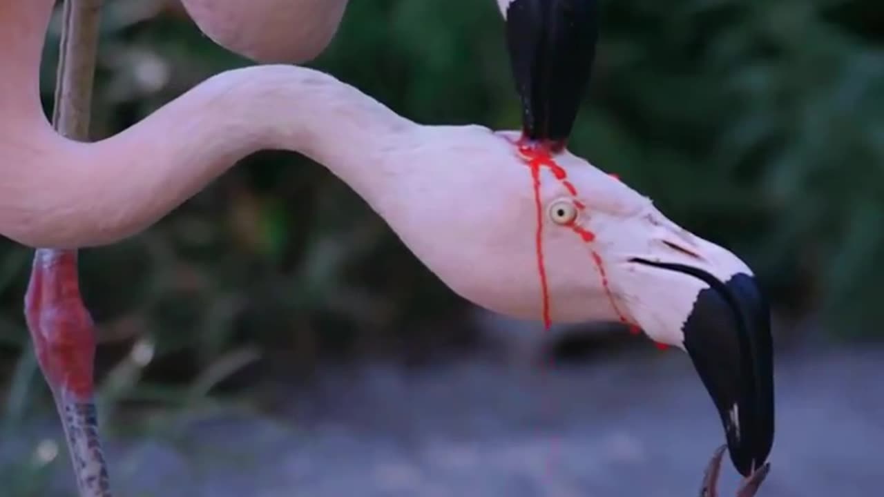 A Flamingo Couple Feeding It's Young