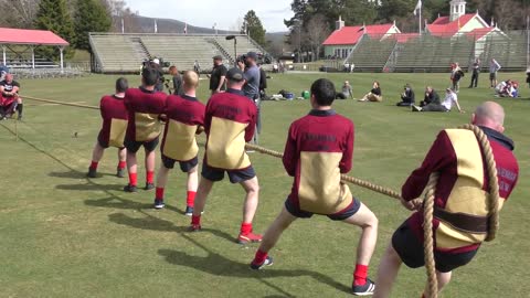 World's Strongest Men in a Tug o' War Challenge at Braemar Gathering Highland Games site in Scotland