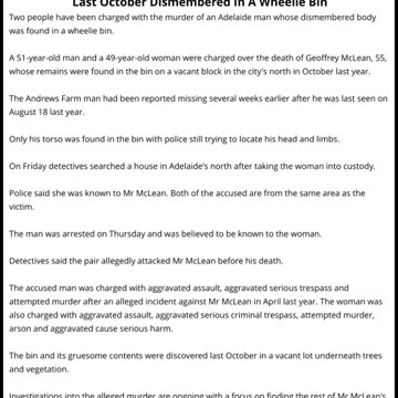 Man & Woman Charged With Murder Of Geoffrey McLean - Found Last October Dismembered In A Wheelie Bin