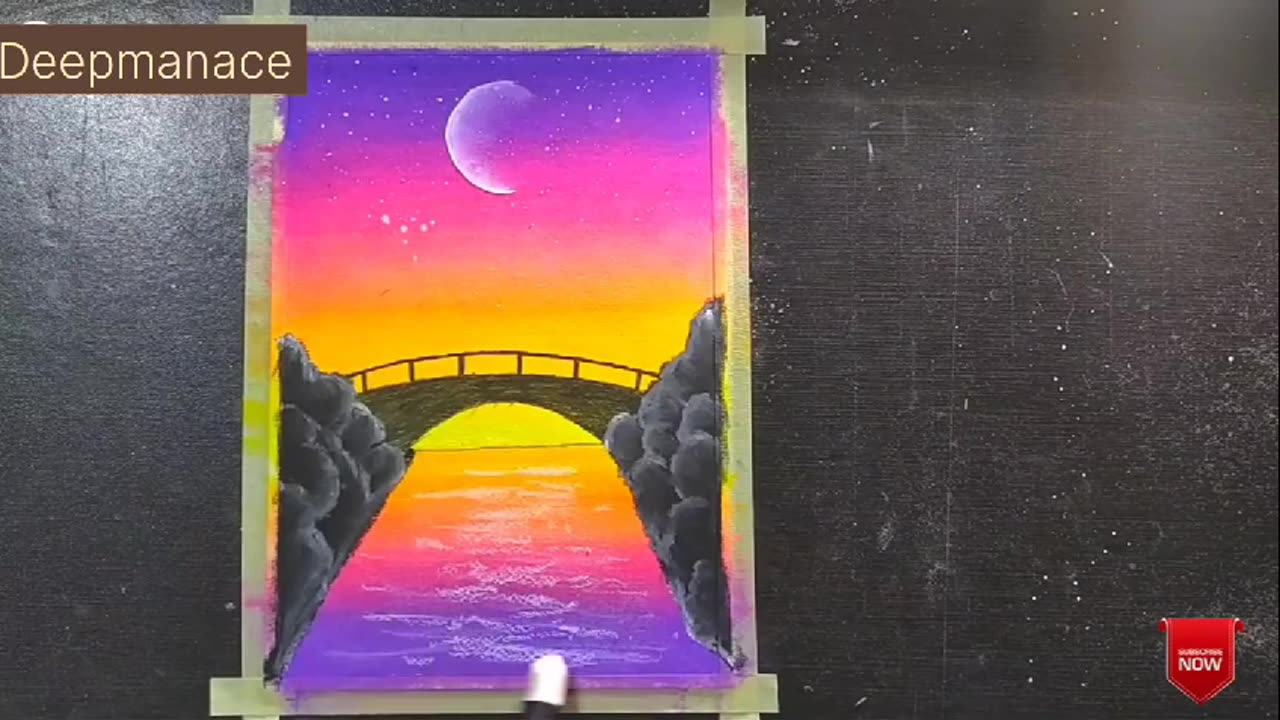 Romantic couple on bridge side river with Oil Pastel - step by step I colourful scenery drawing