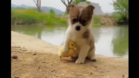 The dog takes the little duck to swim