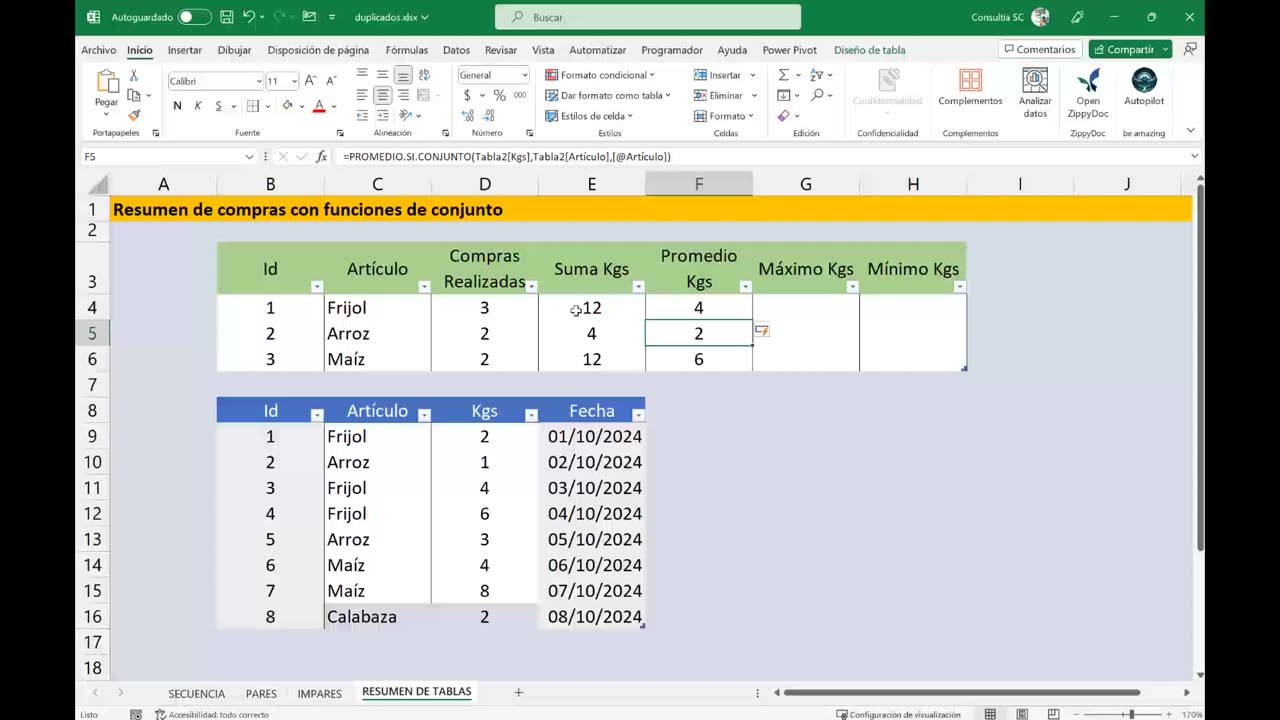 Resumen de compras en Excel