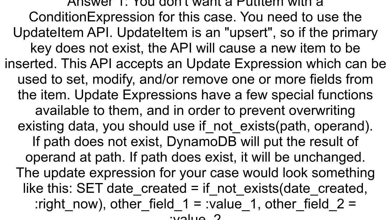 DynamoDB How to update an item except for one attribute if the attribute already exists