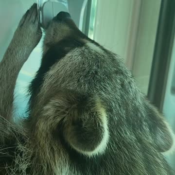 Raccoon drinks water in the water purifier and washes his hands in the bathroom