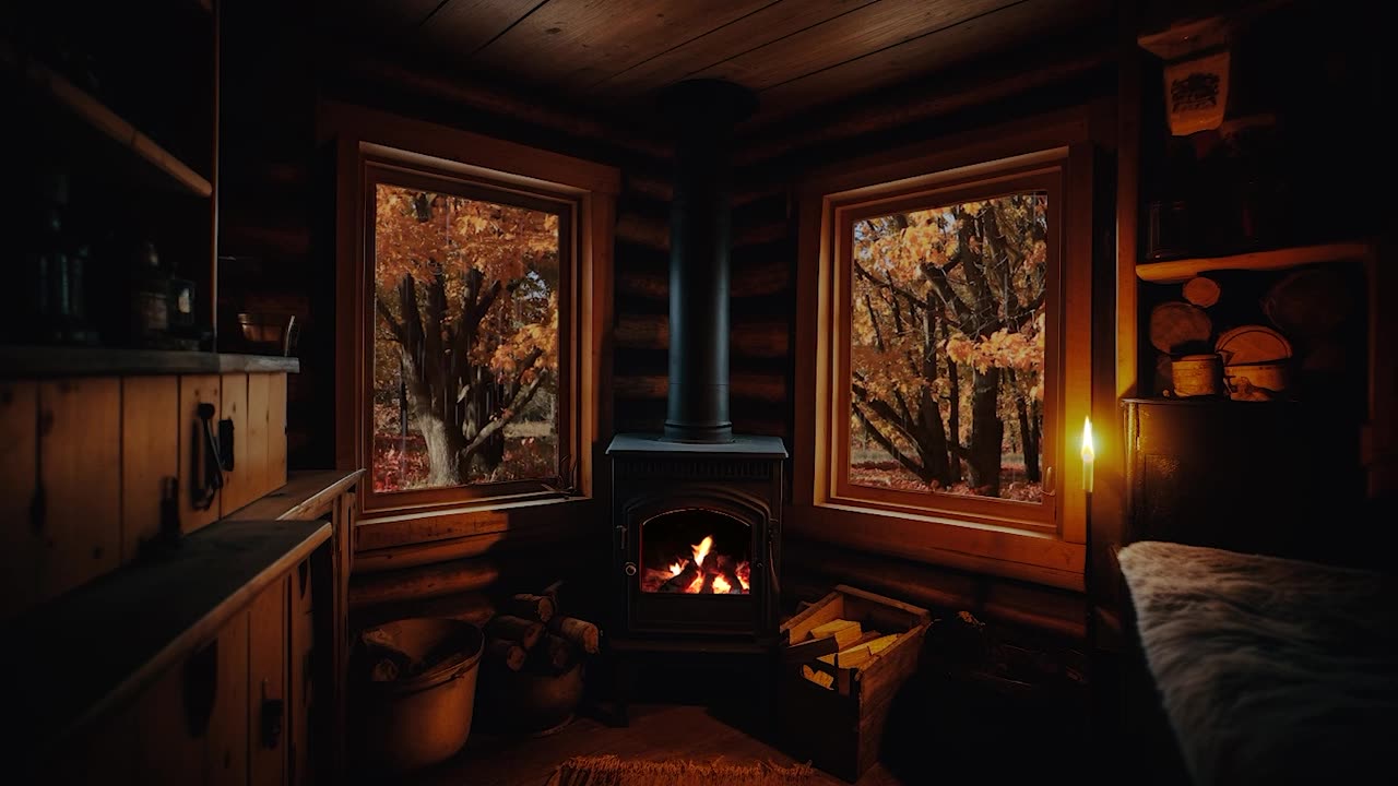 Camp Wood Stove on a Rainy Fall day Relaxing Sounds