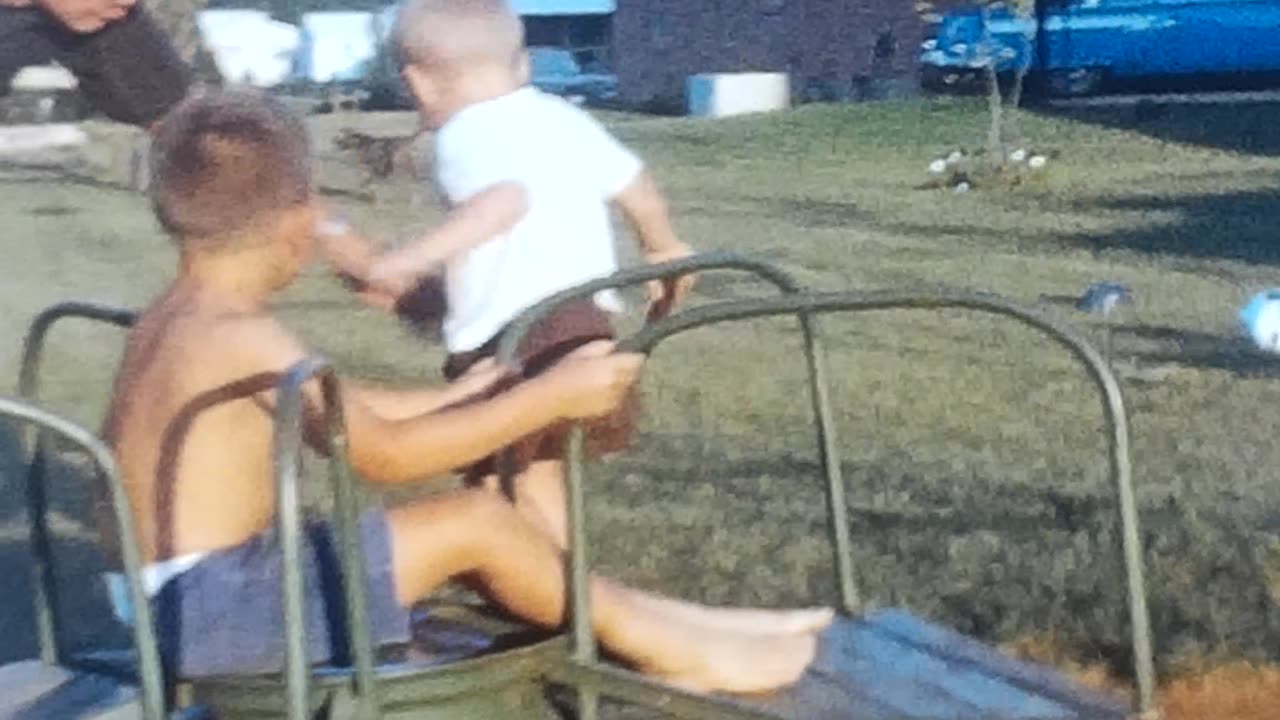 1964 Rich's School Registration, First Day of School, Sid 's tricycle, space helmet, Steve's tractor