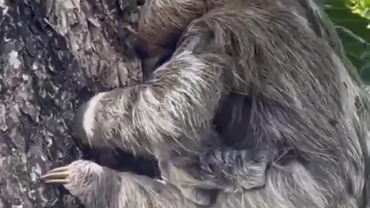 Mommy and Baby Sloth Share a Hug