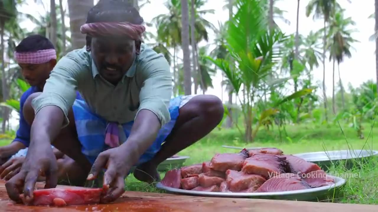 200 Pounds BIG TUNA FISH | Tuna Fish Cutting and Cooking in Village | Tuna Fish Steak Recipe