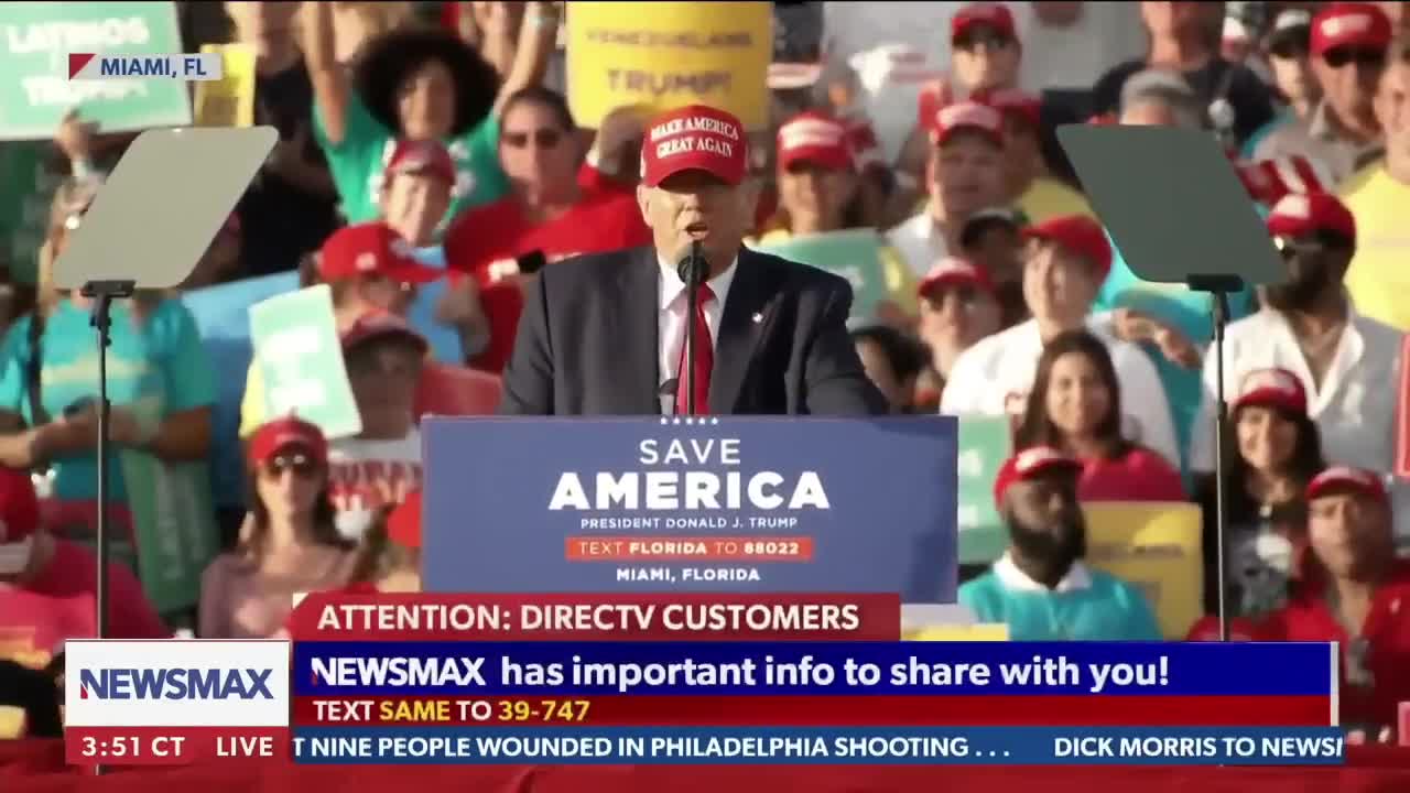 President Donald Trump gives Roger Stone shoutout from stage at Miami rally