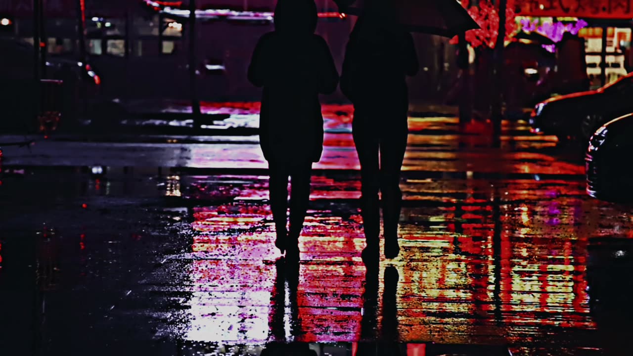 boy and girl catch a taxi at night in the rain