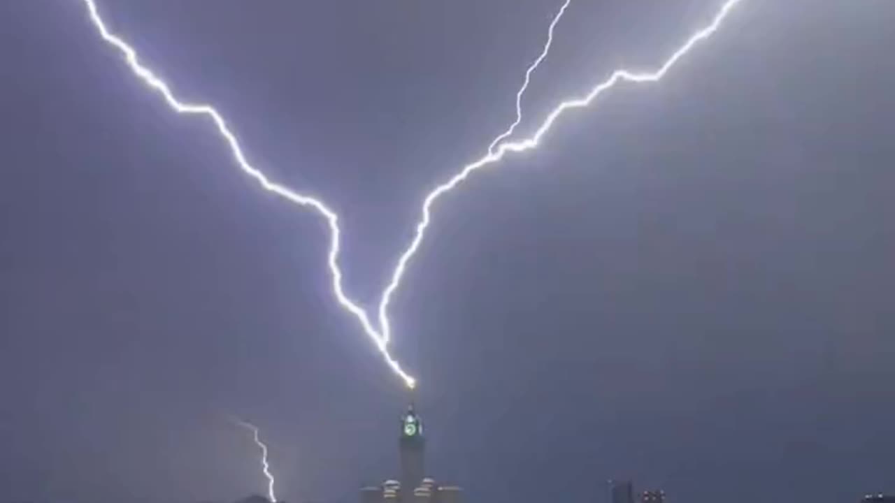 Lightning striking the Clock Tower in Makkah