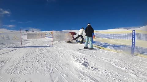 Skier Loses Control and Gets Stuck on the Safety Net