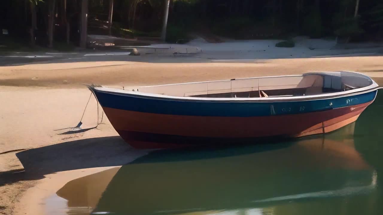 1 boat on the lake in front of another boat on the beach.mp4