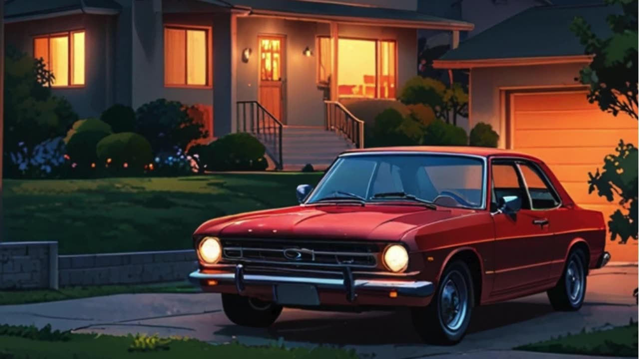 A stunning minimal suburban house at night, with a classic car parked in the driveway