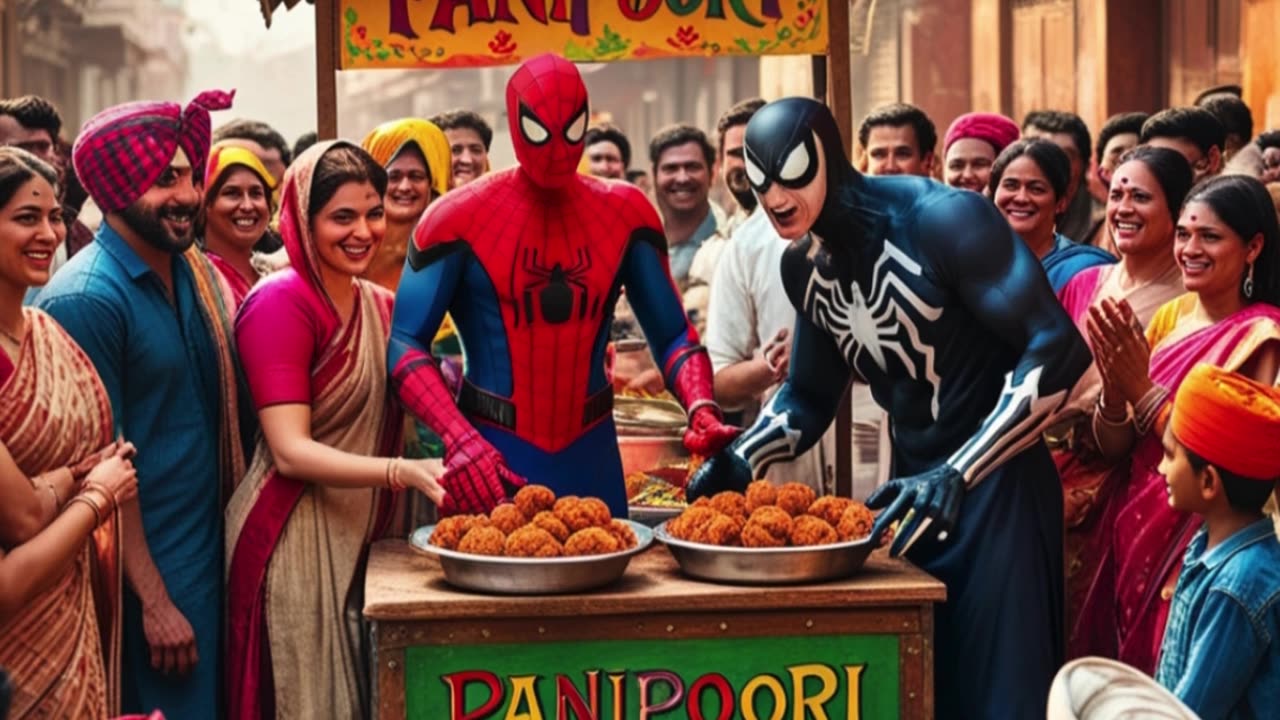 spiderman and venom selling panipoori in a indian street