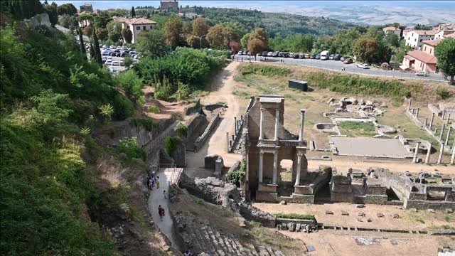 Volterra, Tuscany, Italy. August 2020 Aerial view of the Roman amphitheater