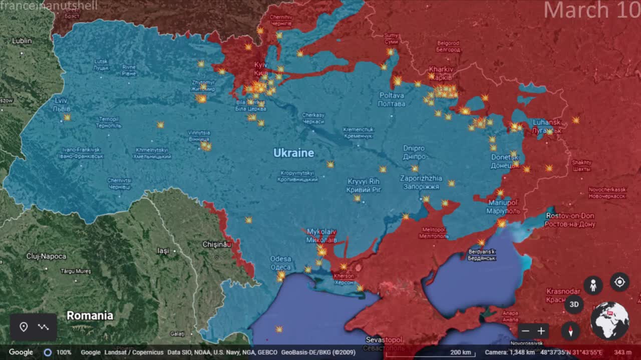 Russo-Ukrainian War 10th of March Mapped using Google Earth