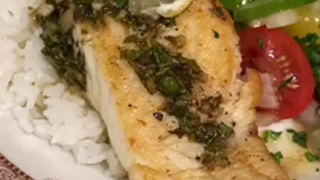 PAN SEARED BARRAMUNDI W/ LEMON GARLIC HERB SAUCE