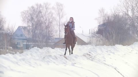 Longhaired female rider wild and fast riding black horse through the snow, slow-motion