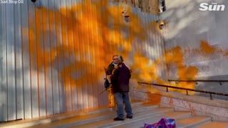 Moment bystander tires to stop eco-warrior activist from spray painting MI5 HQ