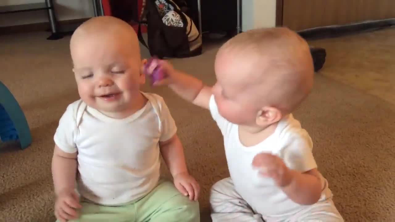 Twin baby girls fight over pacifier