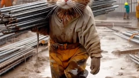 Cute cat goes to work moving bricks