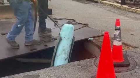 Worker Kicks Pipe Lining Causing it to Almost Expand onto Interstate