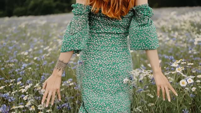 A Woman Walking In The Flower Field