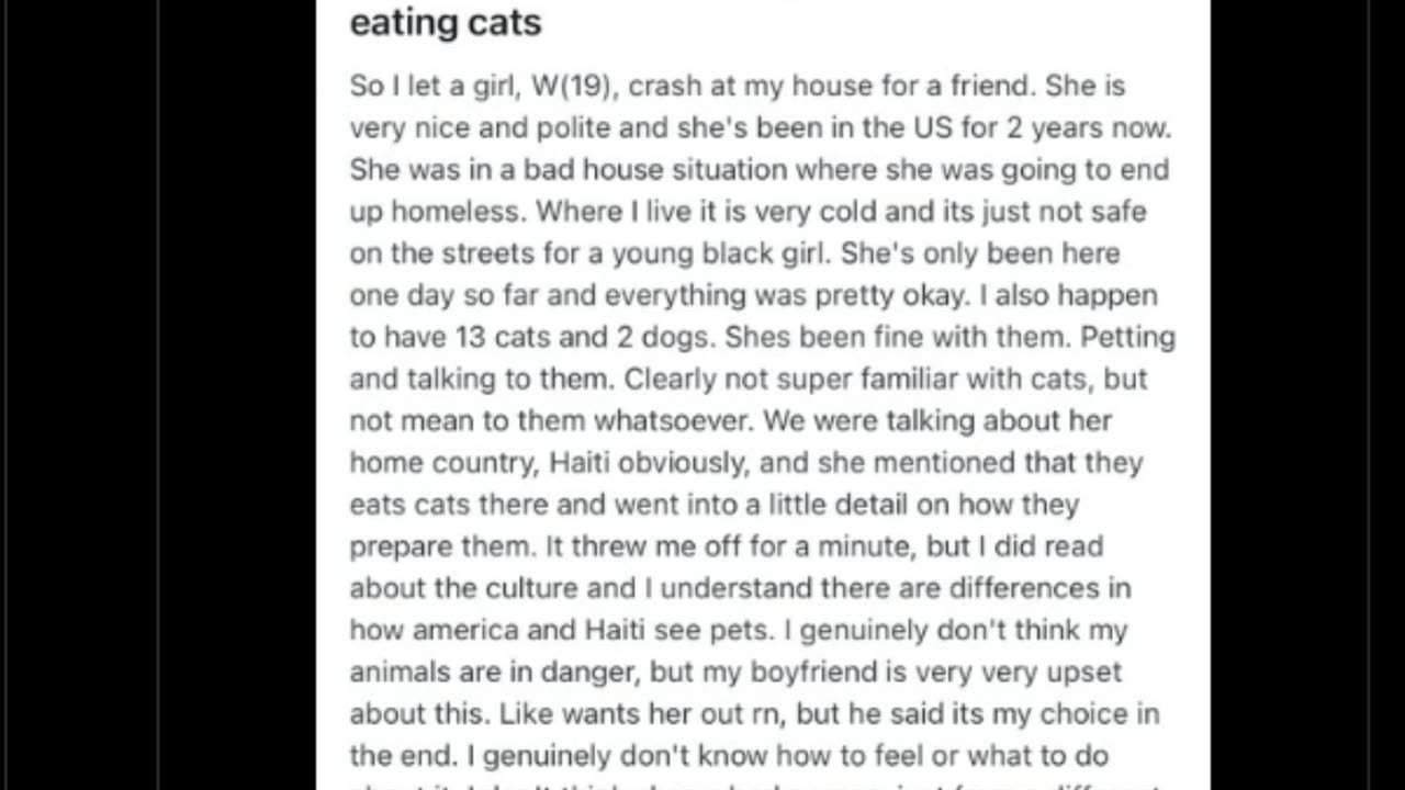 Reddit post about a Haitian girl describing how they cook and eat cats