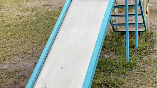Toddler Slides down Playground Slide and Splashes Into Muddy Puddle Below