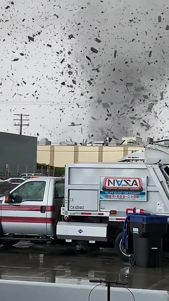 Tornado hits Montebello CA tearing the roof off multiple buildings and destroying multiple cars